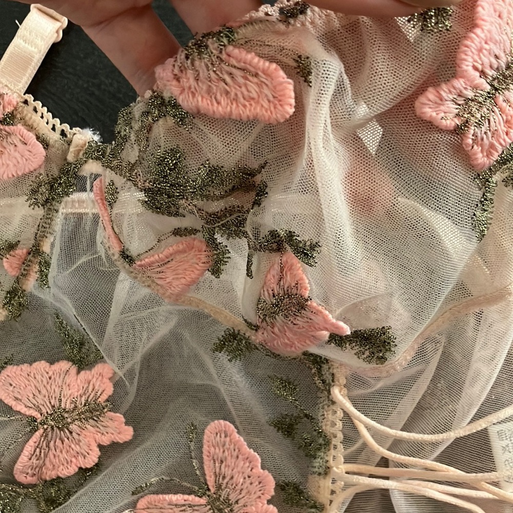 Pink and Green Embroidered Mesh Crop Top - Picture 2 of 7